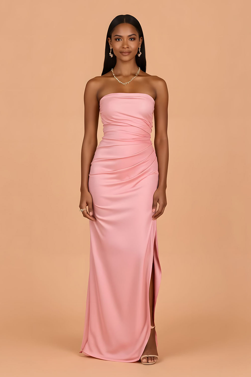 Blush Robe de demoiselle d’honneur longue sans bretelles en satin froncé