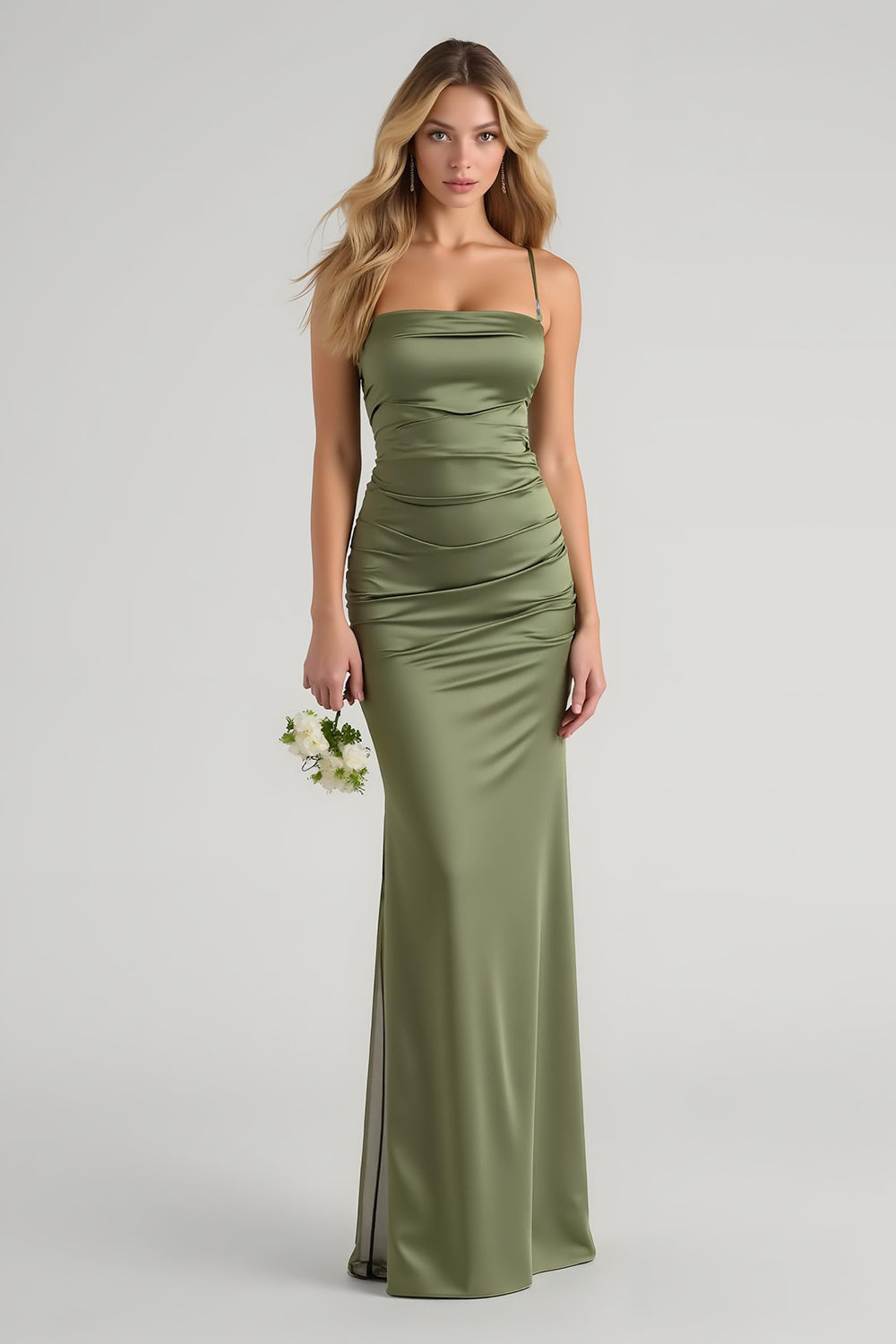 Olive satin froncé spaghetti bretelles longue gaine robe de demoiselle d’honneur