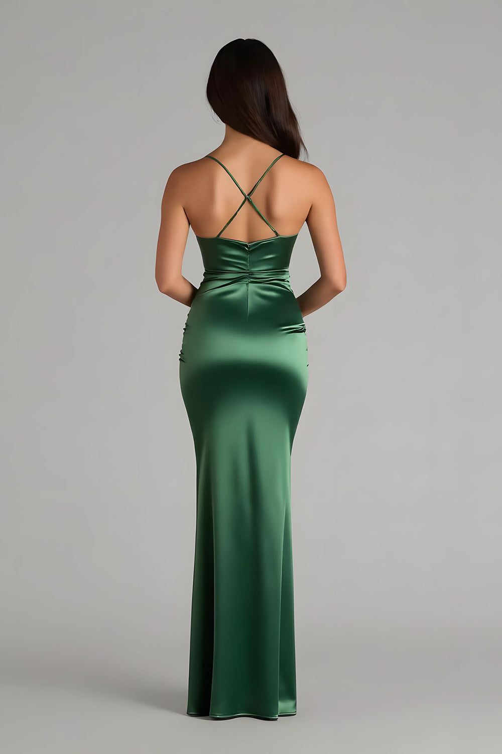 Vert foncé spaghetti bretelles satin sirène longue robe de demoiselle d’honneur