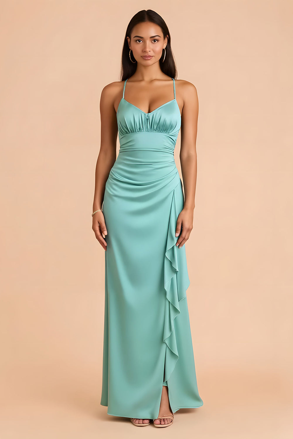 Robe de demoiselle d’honneur longue à bretelles en satin vert menthe