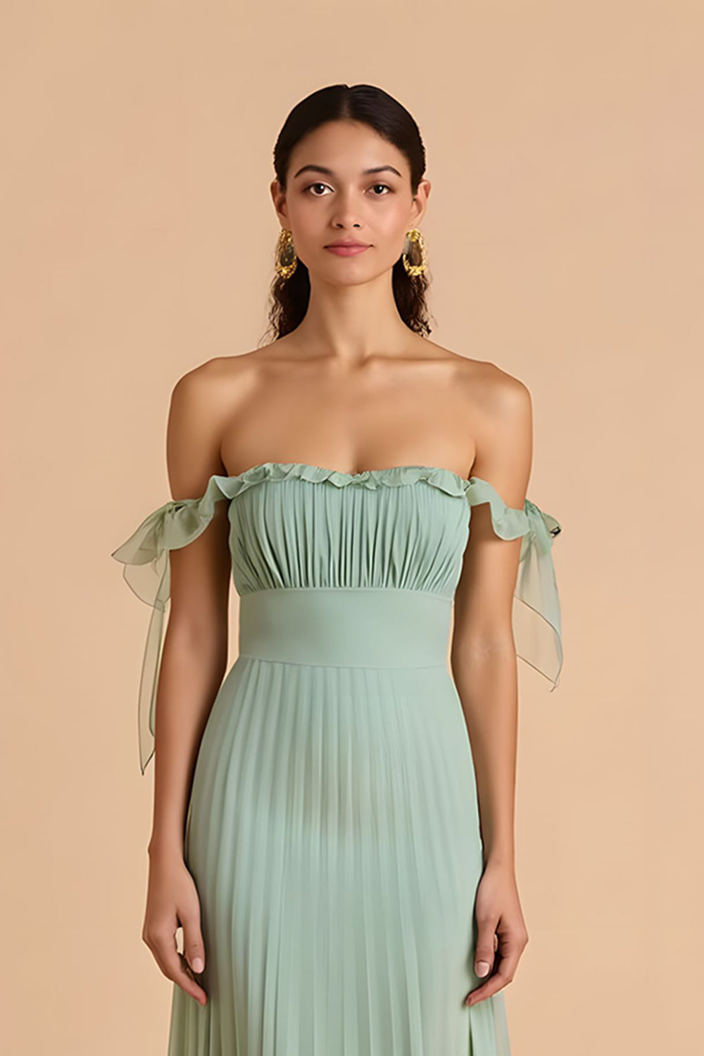 Vert sauge Robe de demoiselle d’honneur plissée trapèze en mousseline de soie