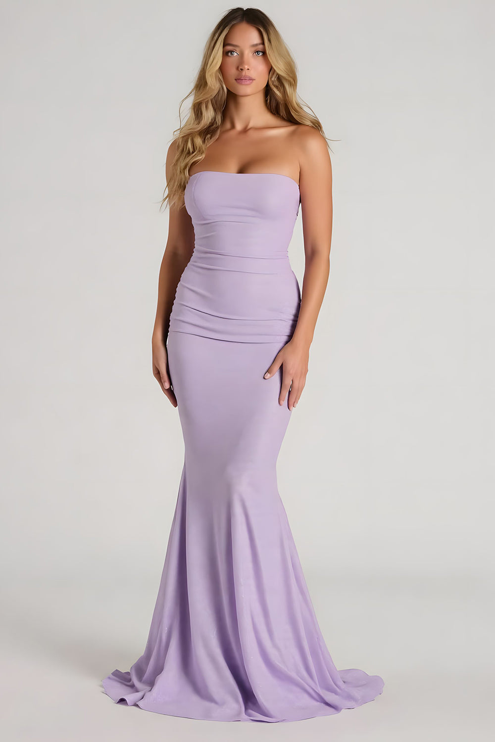 Robe longue de demoiselle d’honneur sirène sans bretelles lilas