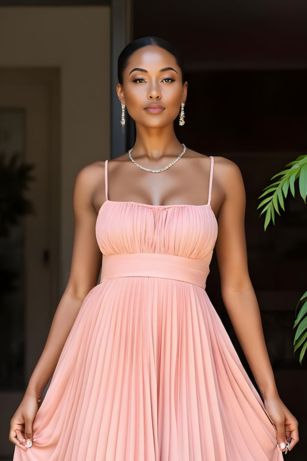 Coucher de soleil plissé une ligne spaghetti bretelles robe de demoiselle d’honneur