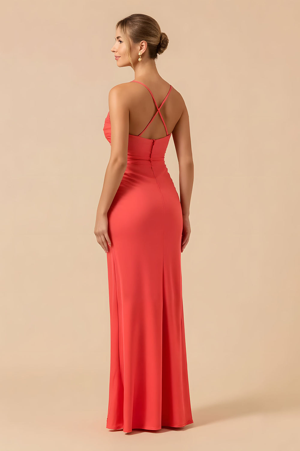 Robe longue de demoiselle d’honneur bordeaux à bretelles Sapghetti avec fente