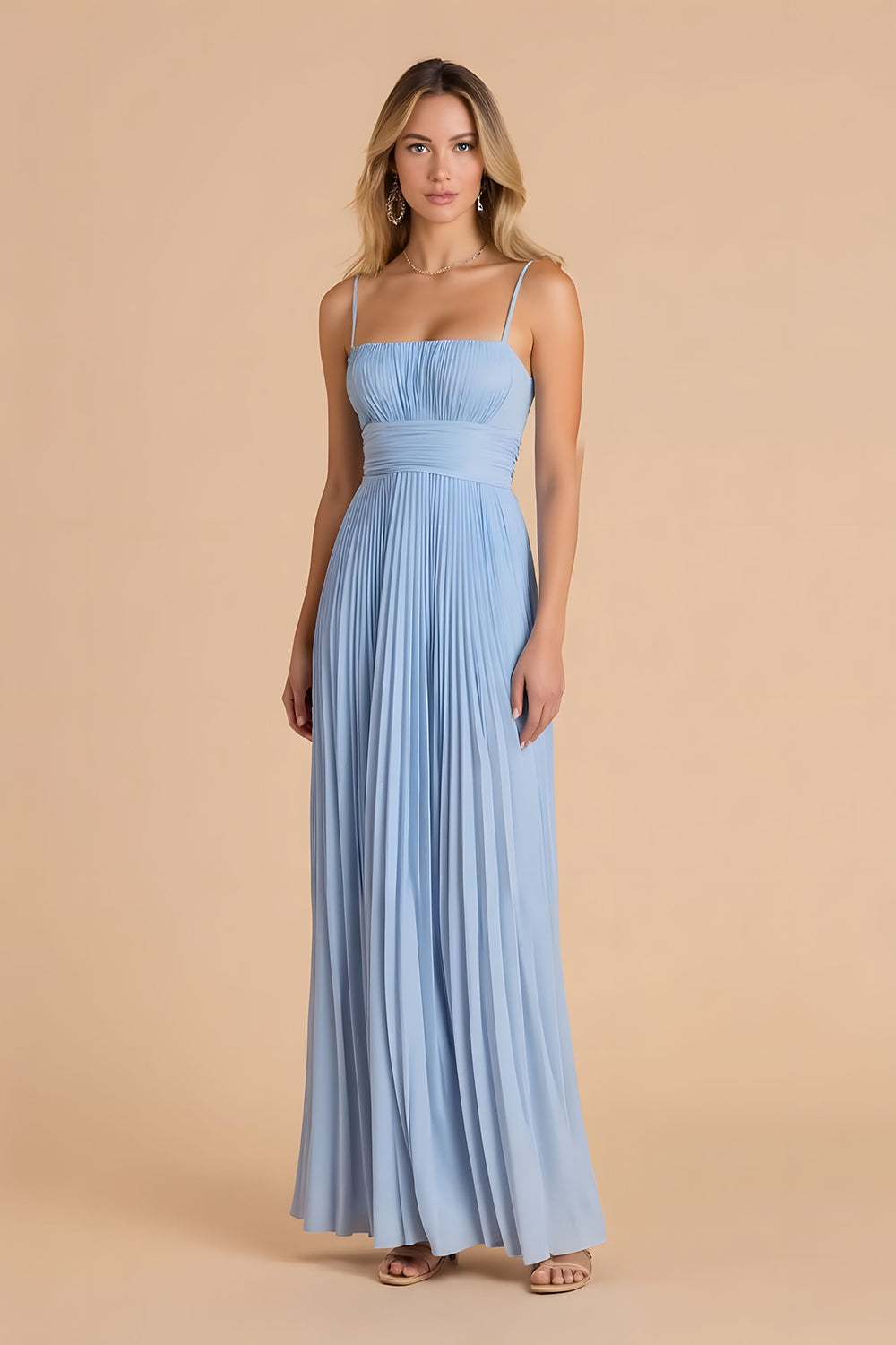 Bleu clair plissé une ligne spaghetti bretelles robe longue de demoiselle d’honneur