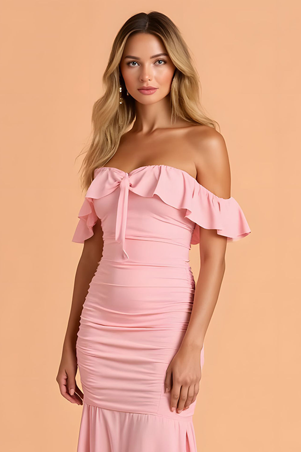 Blush Sirène froncée sur l’épaule Maxi robe de demoiselle d’honneur avec volants