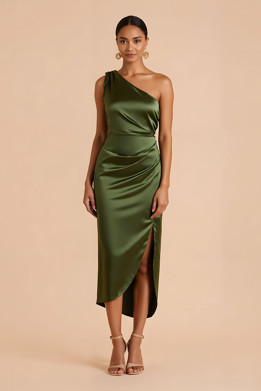 Olive gaine une épaule Robe de demoiselle d’honneur midi avec fente