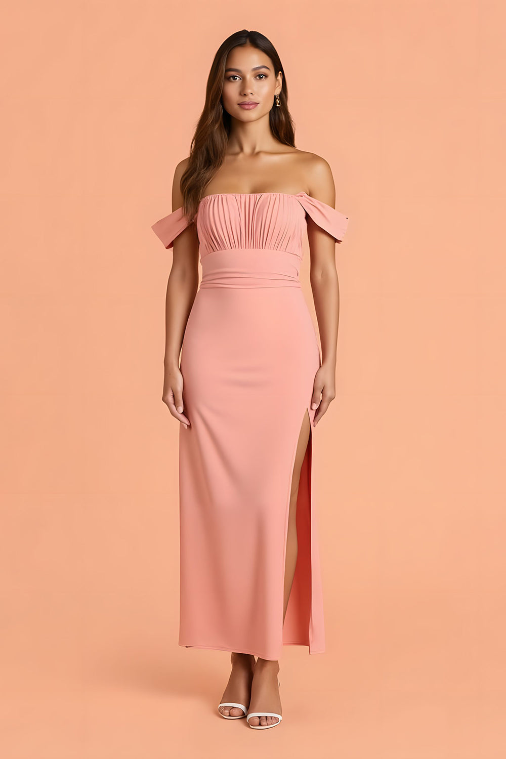 Fourreau Blush Robe de demoiselle d’honneur longue à épaules dénudées avec fente