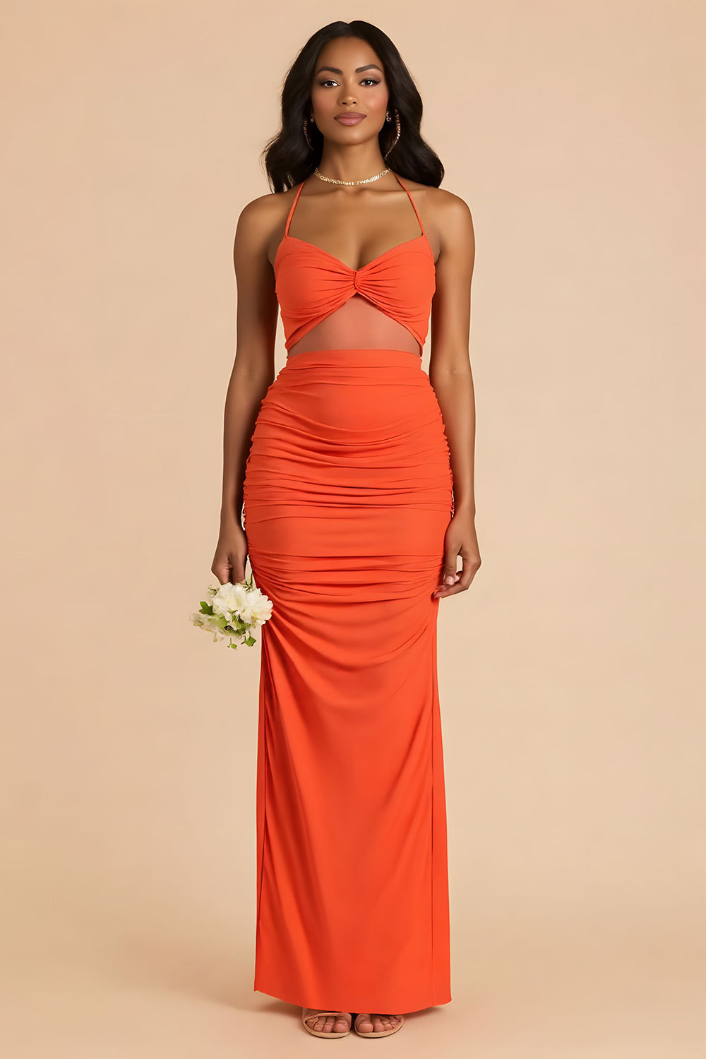 Fourreau orange froncé bretelles spaghetti découpées Maxi robe de demoiselle d’honneur