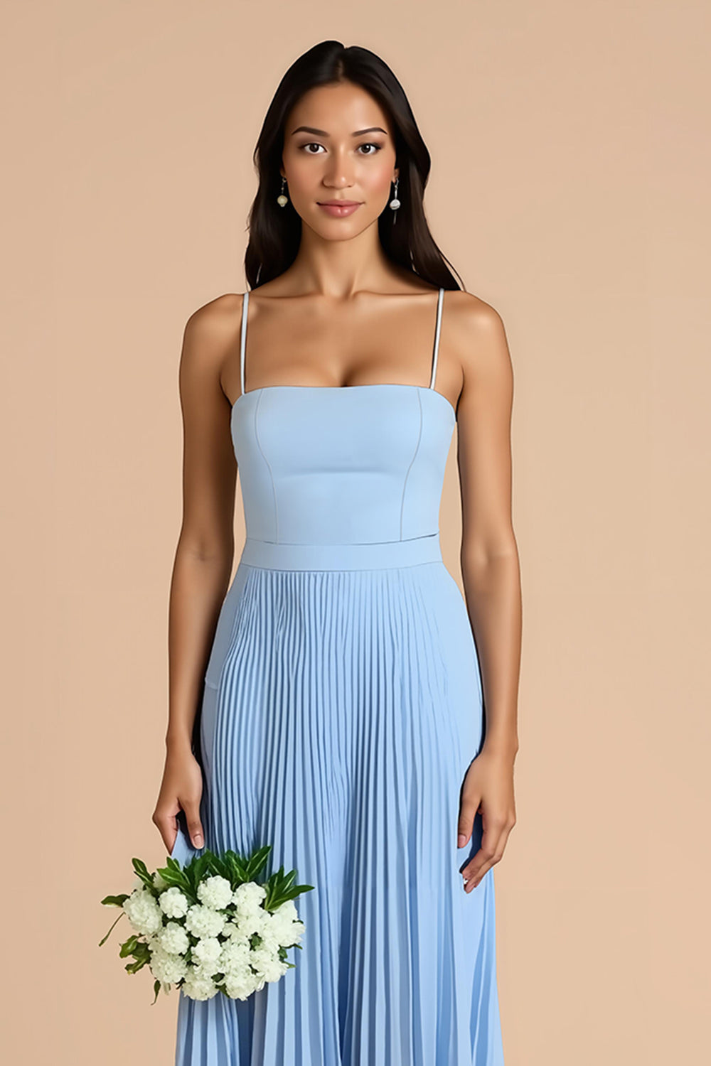 Bleu ciel plissé une ligne spaghetti bretelles Maxi robe de demoiselle d’honneur