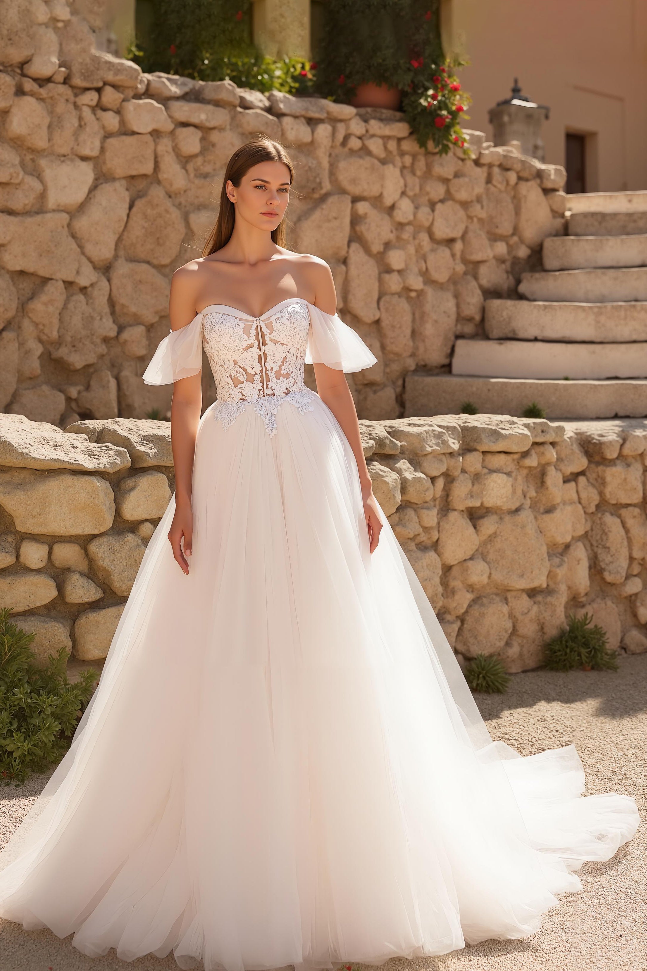 Robe de mariée à épaules dénudées ivoire A Line Sweep Train avec appliques