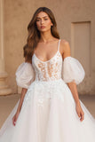Ivoire spaghetti bretelles bal robe de bal balayage traîne robe de mariée avec dentelle