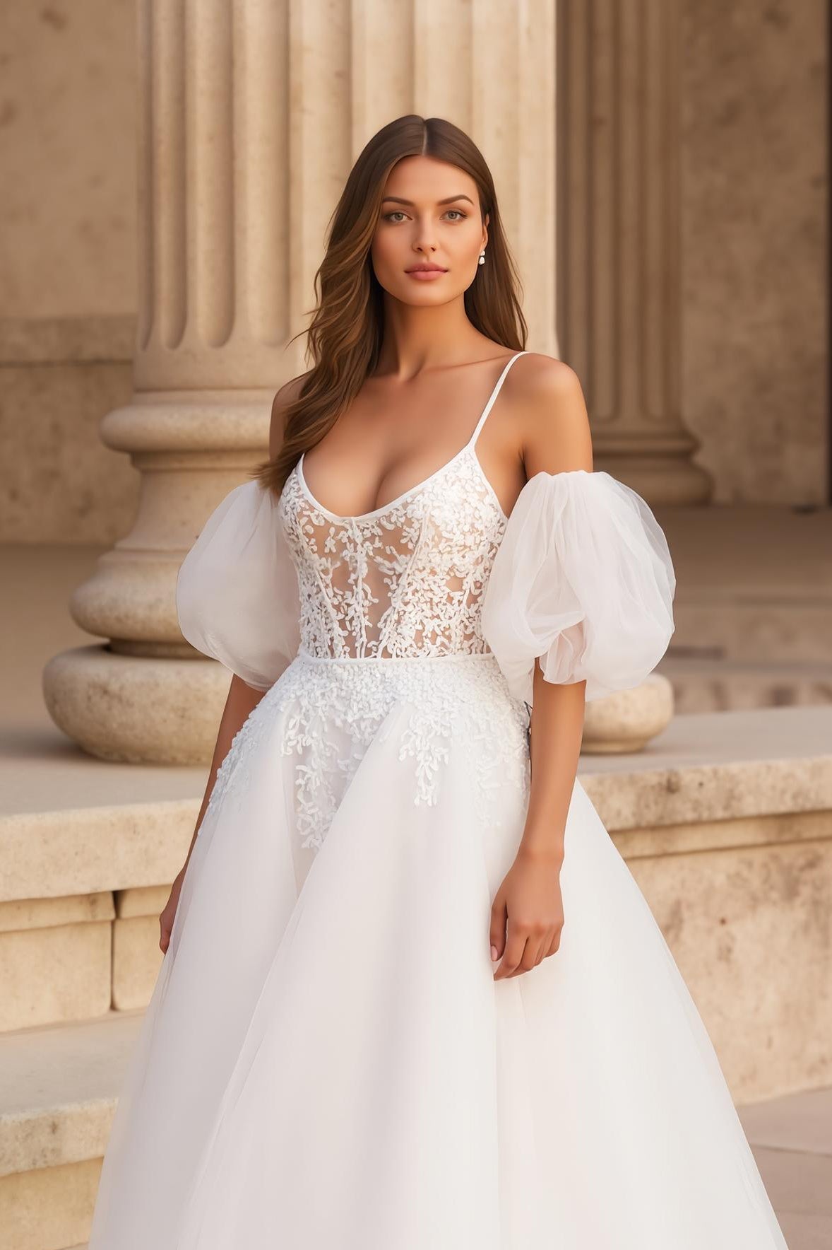 Ivoire spaghetti bretelles bal robe de bal balayage traîne robe de mariée avec dentelle