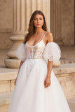 Ivoire spaghetti bretelles bal robe de bal balayage traîne robe de mariée avec dentelle
