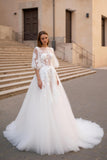 Ivoire appliqué une ligne Sweep Train Robe de mariée florale avec manches