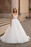 Ivoire Une Ligne Corset Col Carré Tulle Court Train Robe De Mariée Avec Dentelle