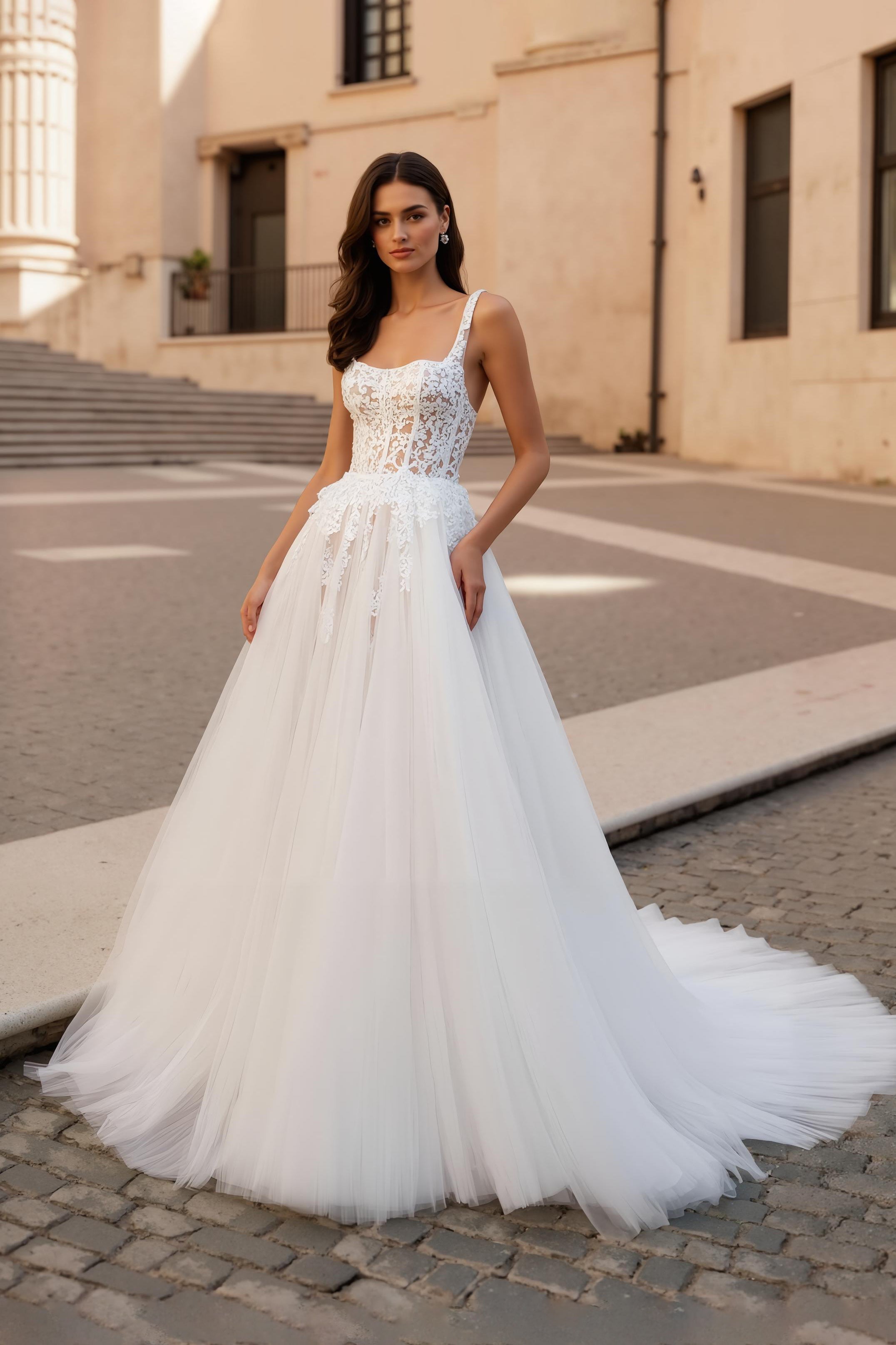 Ivoire Une Ligne Corset Col Carré Tulle Court Train Robe De Mariée Avec Dentelle