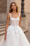 Ivoire Une Ligne Corset Col Carré Tulle Court Train Robe De Mariée Avec Dentelle