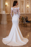 Sirène blanche illusion col manches longues traîne cour robe de mariée avec dentelle