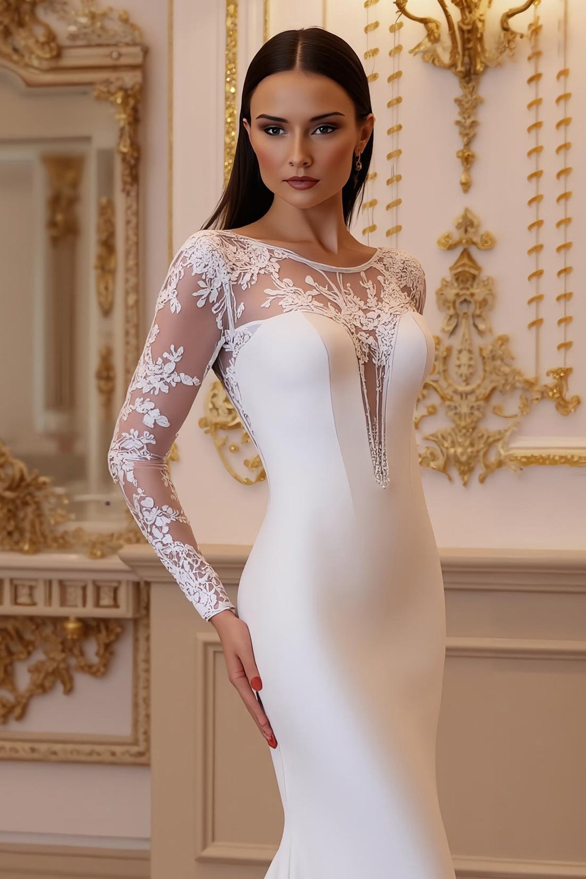 Sirène blanche illusion col manches longues traîne cour robe de mariée avec dentelle