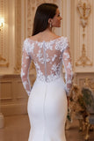 Sirène blanche illusion col manches longues traîne cour robe de mariée avec dentelle