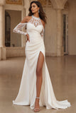 Robe de mariée sirène ivoire dos nu froncé avec appliques de dentelle