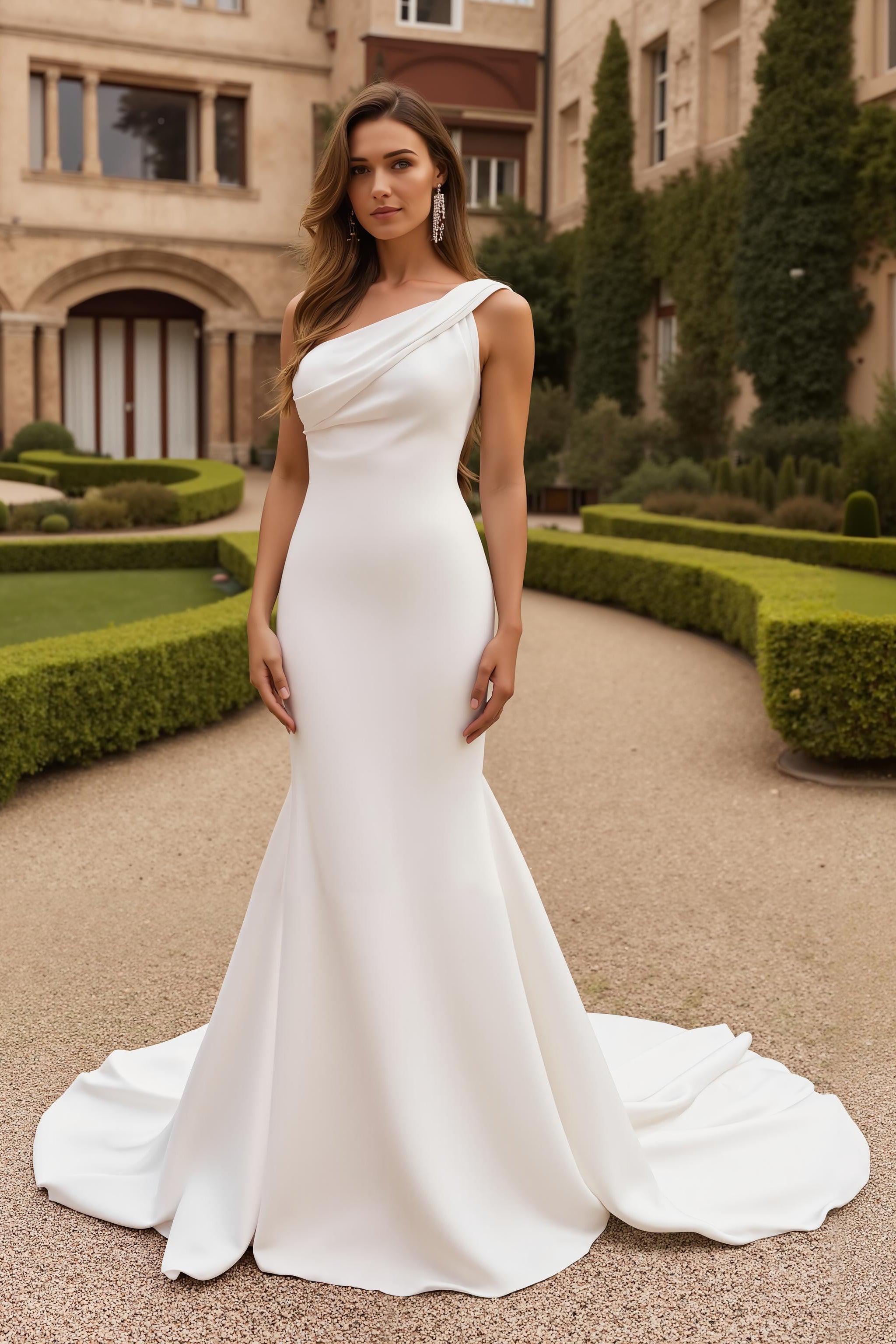 Robe de mariée longue ivoire en satin stretch sirène à une épaule