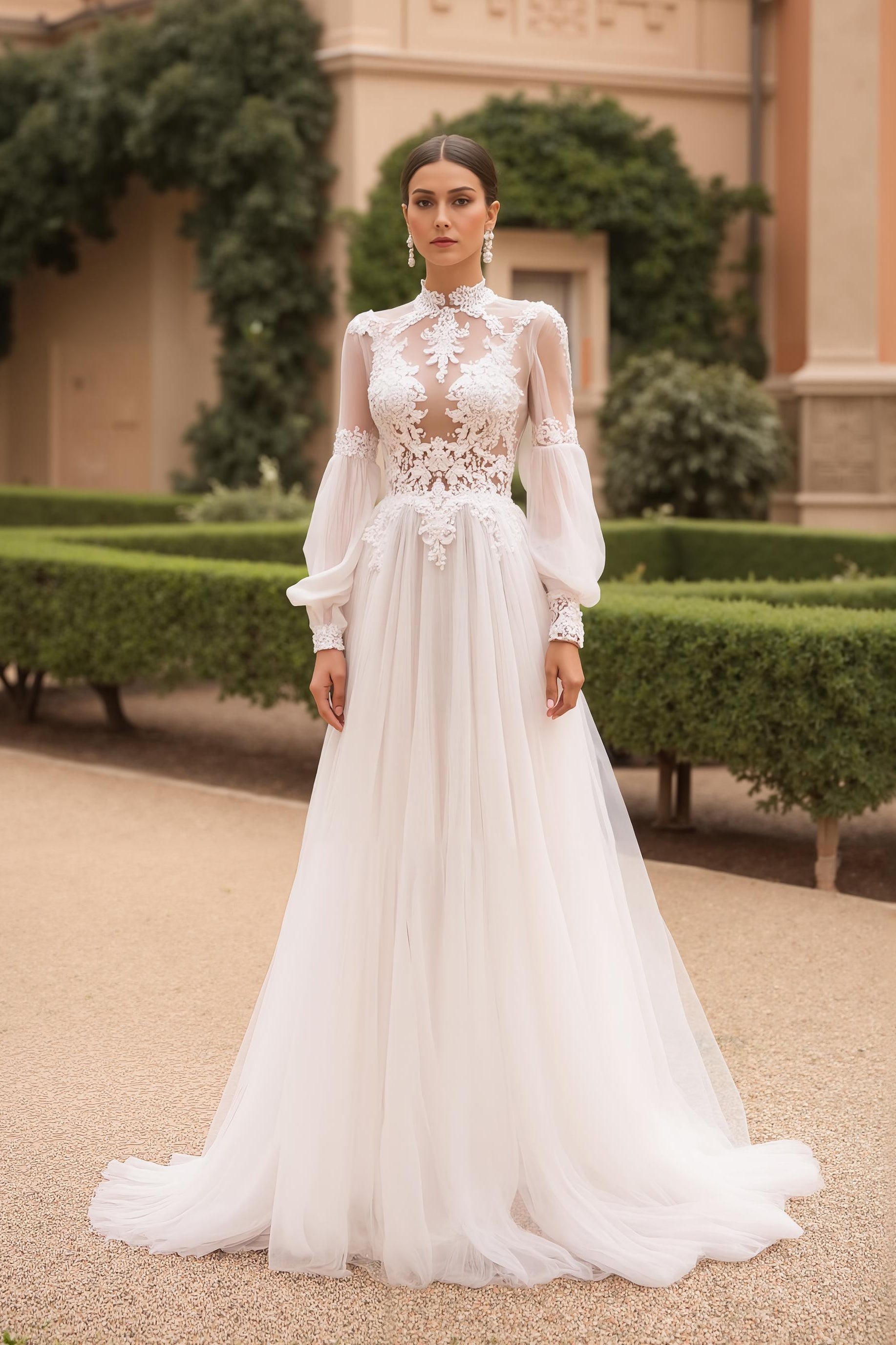 Col haut Une ligne Tulle dentelle ivoire Robe de mariée avec manches bouffantes