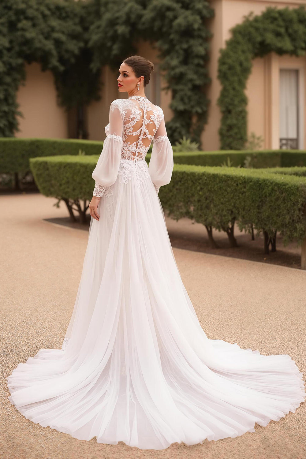 Col haut Une ligne Tulle dentelle ivoire Robe de mariée avec manches bouffantes