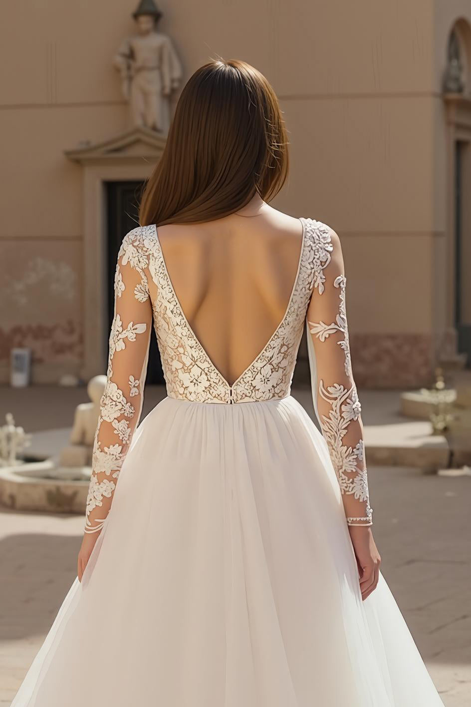 Tulle ivoire Une ligne col V dentelle Robe de mariée longue à manches longues