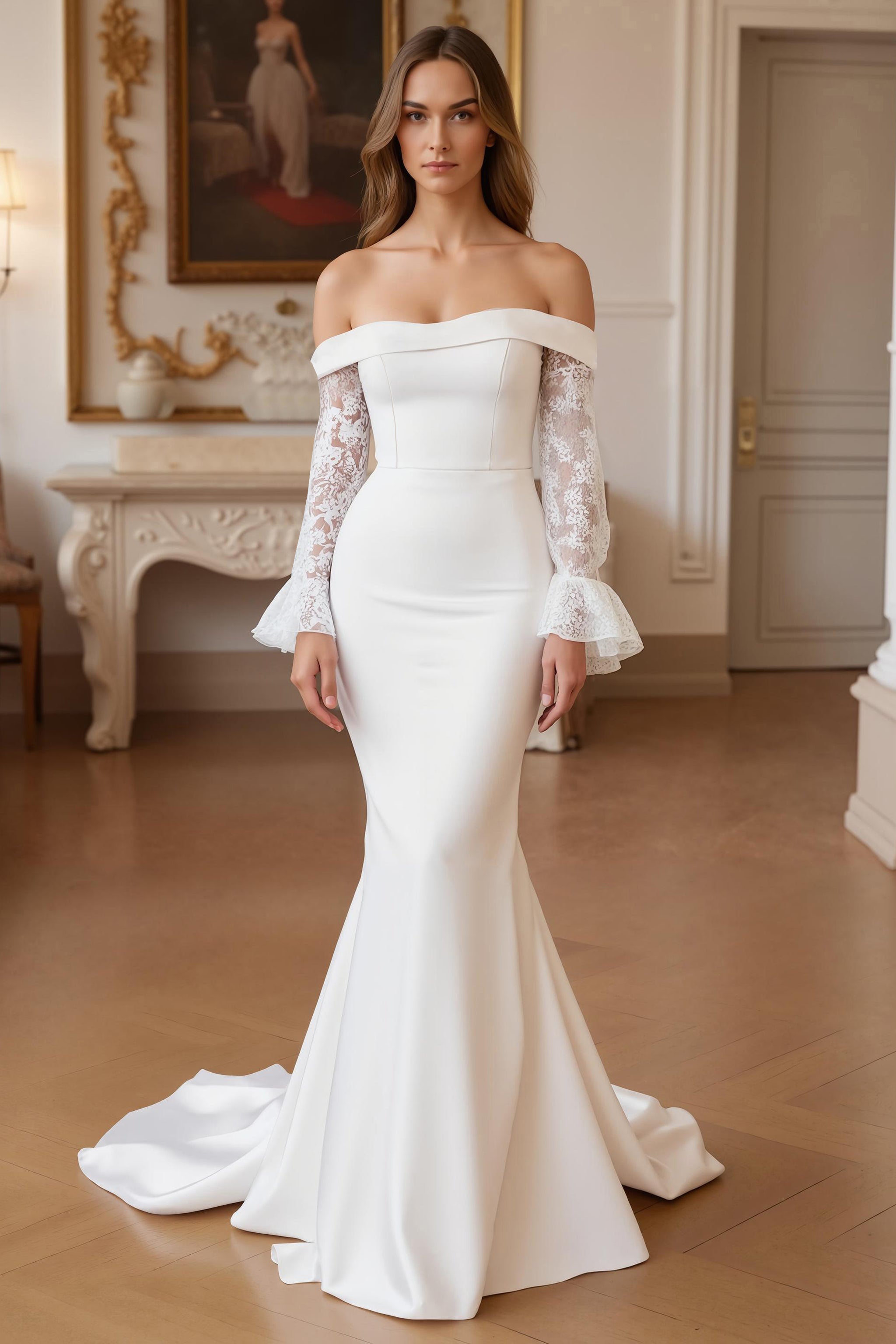 Robe de mariée sirène ivoire extensible à épaules dénudées
