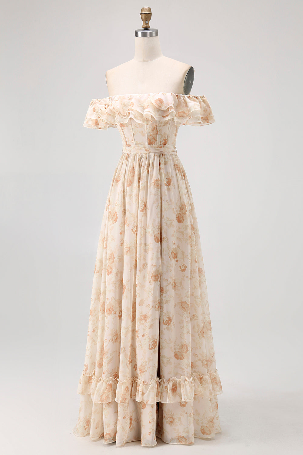 Fleur de champagne hors de l’épaule Corset Robe de demoiselle d’honneur trapèze avec fente