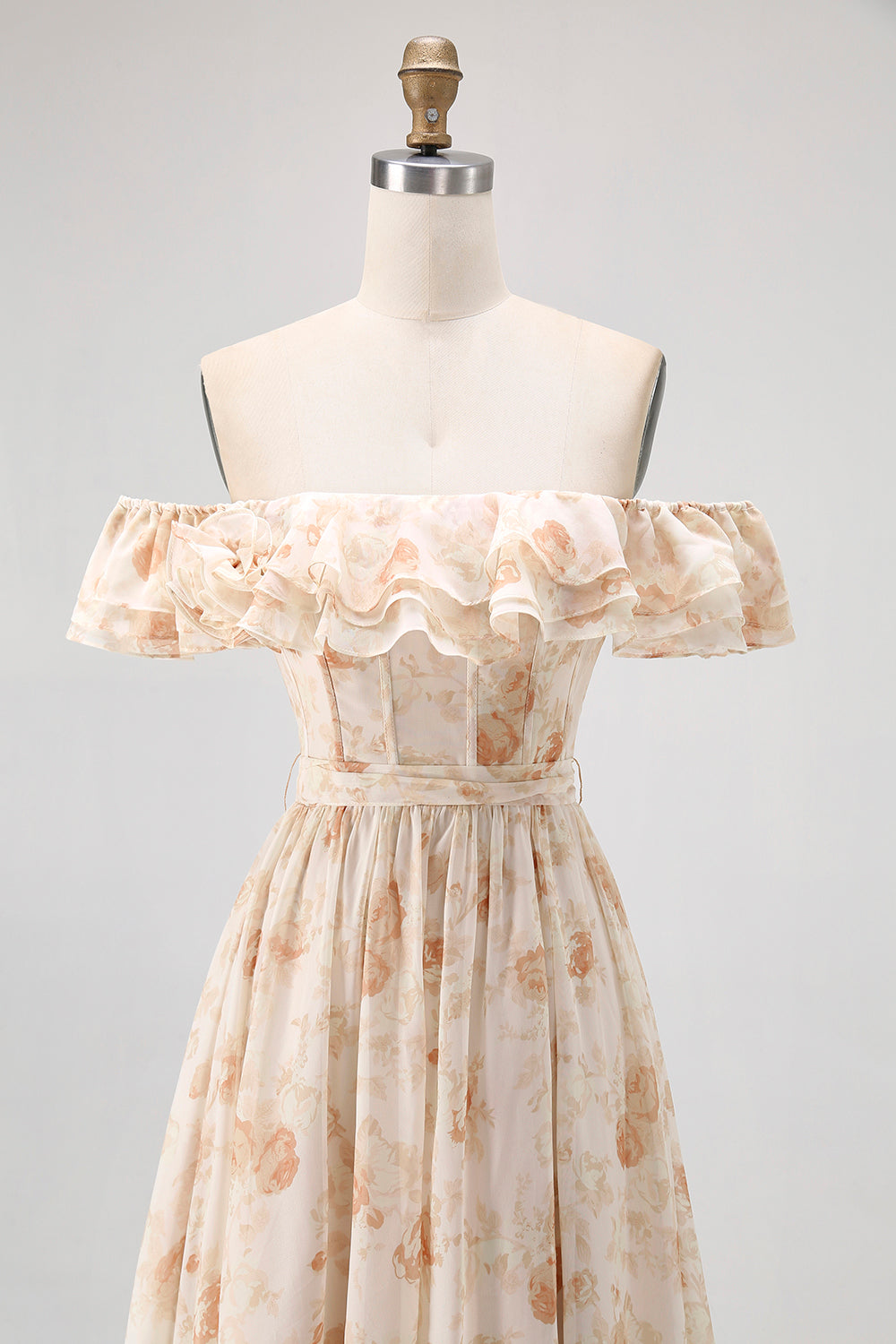 Fleur de champagne hors de l’épaule Corset Robe de demoiselle d’honneur trapèze avec fente
