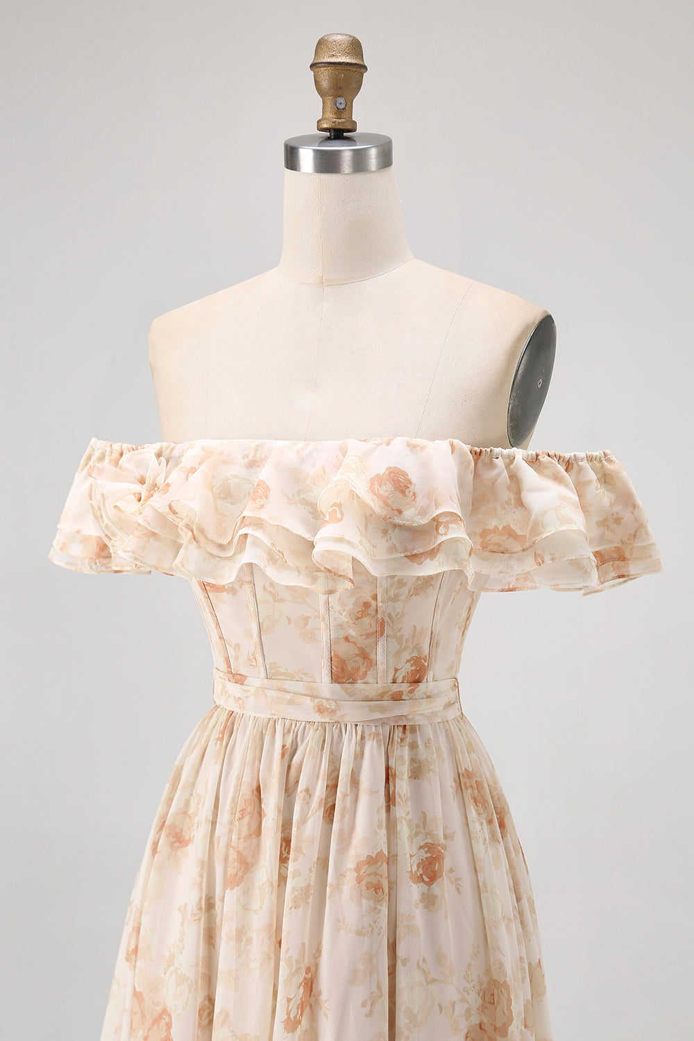 Fleur de champagne hors de l’épaule Corset Robe de demoiselle d’honneur trapèze avec fente