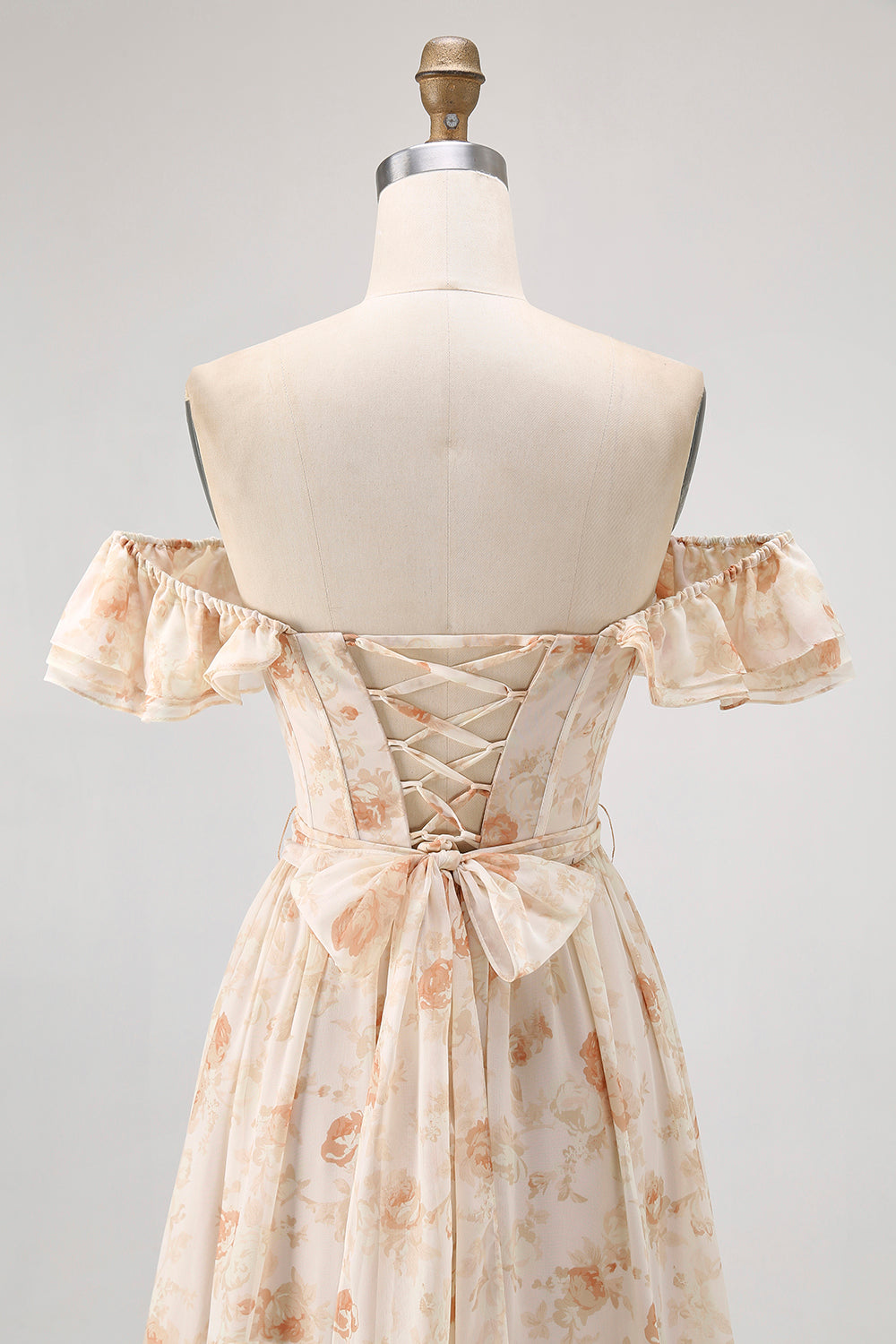 Fleur de champagne hors de l’épaule Corset Robe de demoiselle d’honneur trapèze avec fente
