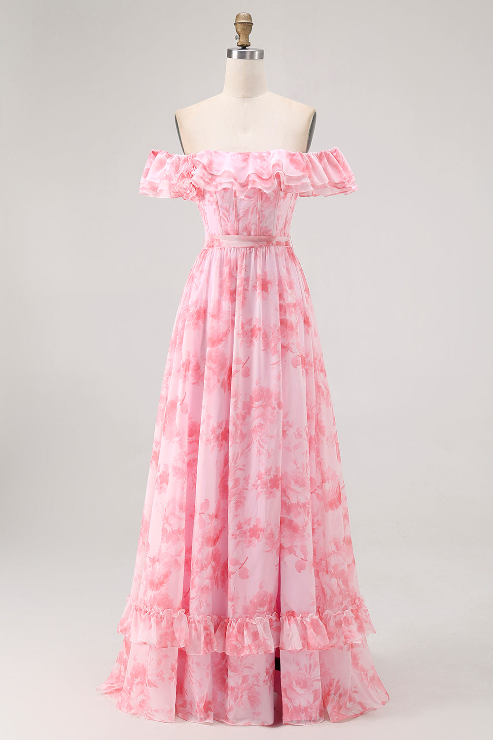 Fleur de champagne hors de l’épaule Corset Robe de demoiselle d’honneur trapèze avec fente