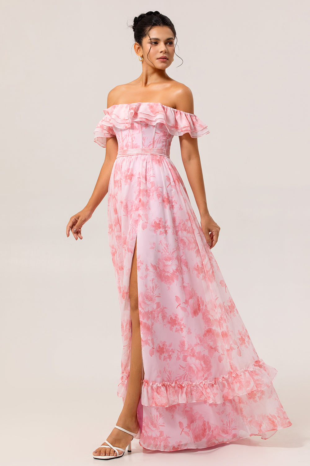 Fleur de champagne hors de l’épaule Corset Robe de demoiselle d’honneur trapèze avec fente