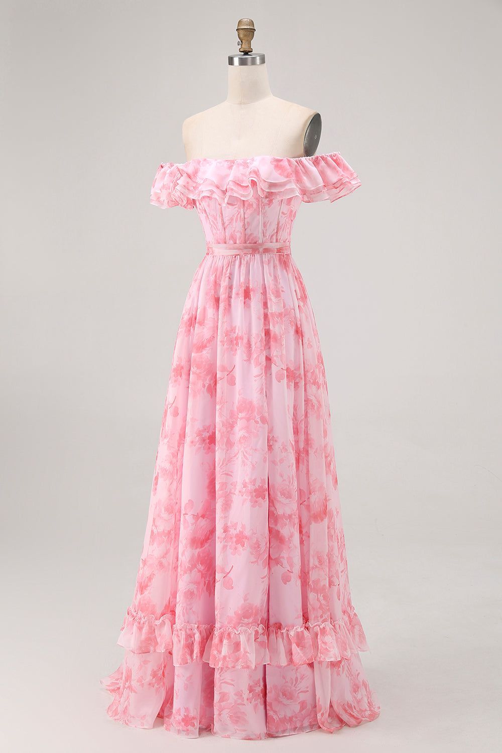 Fleur de champagne hors de l’épaule Corset Robe de demoiselle d’honneur trapèze avec fente