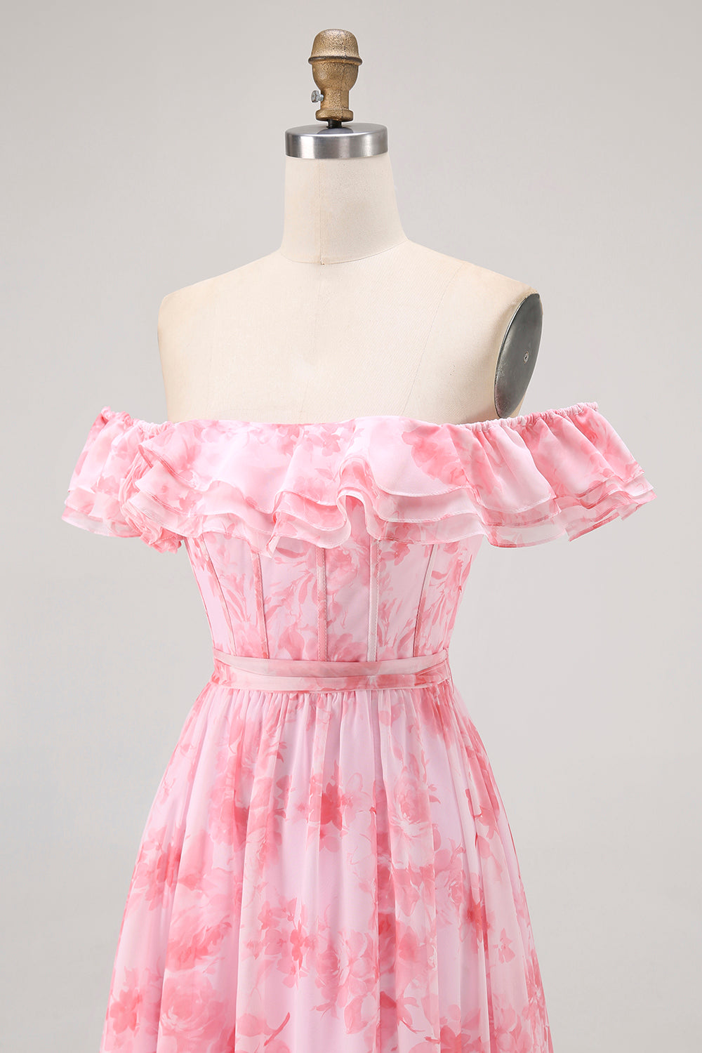 Fleur de champagne hors de l’épaule Corset Robe de demoiselle d’honneur trapèze avec fente