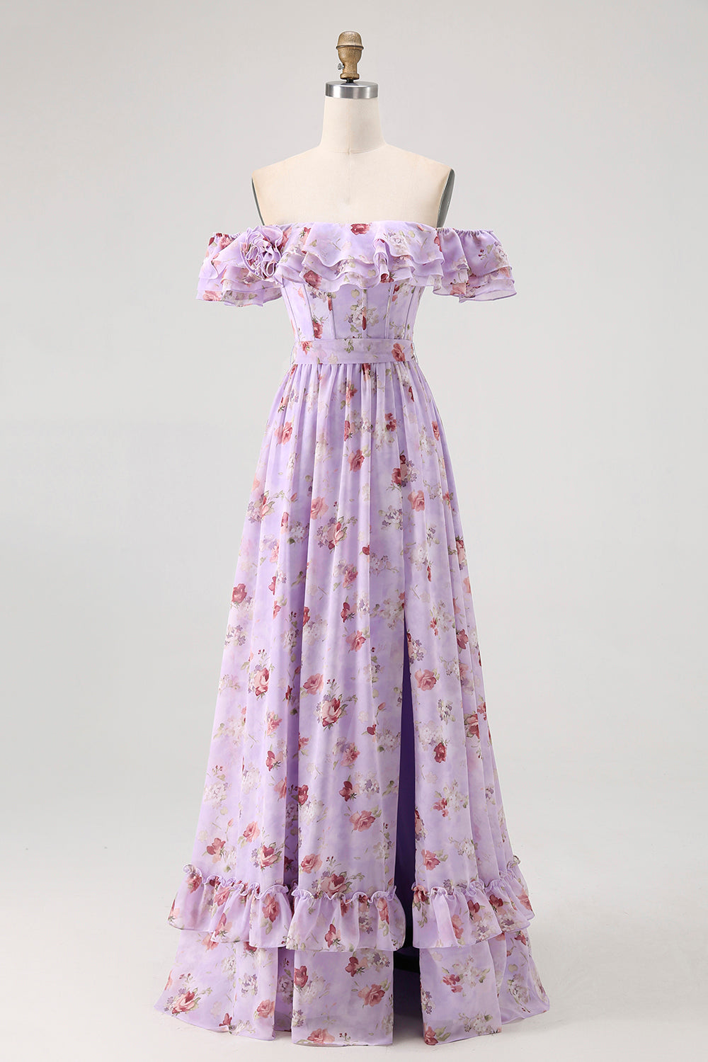 Fleur de champagne hors de l’épaule Corset Robe de demoiselle d’honneur trapèze avec fente