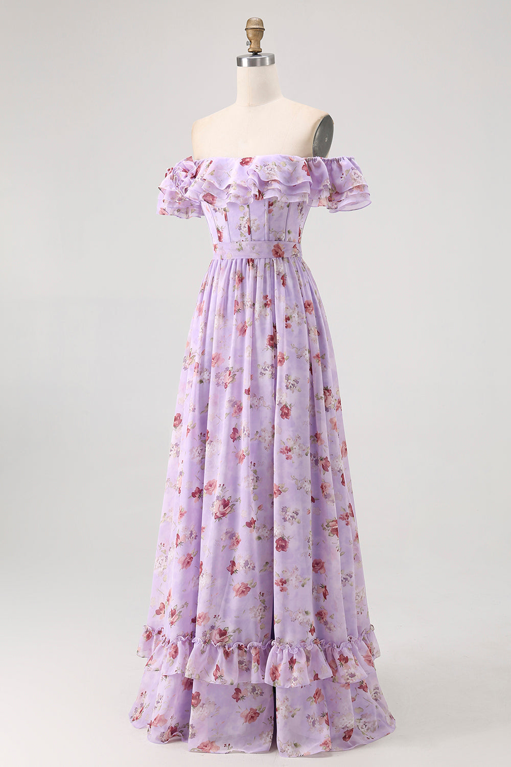Fleur de champagne hors de l’épaule Corset Robe de demoiselle d’honneur trapèze avec fente