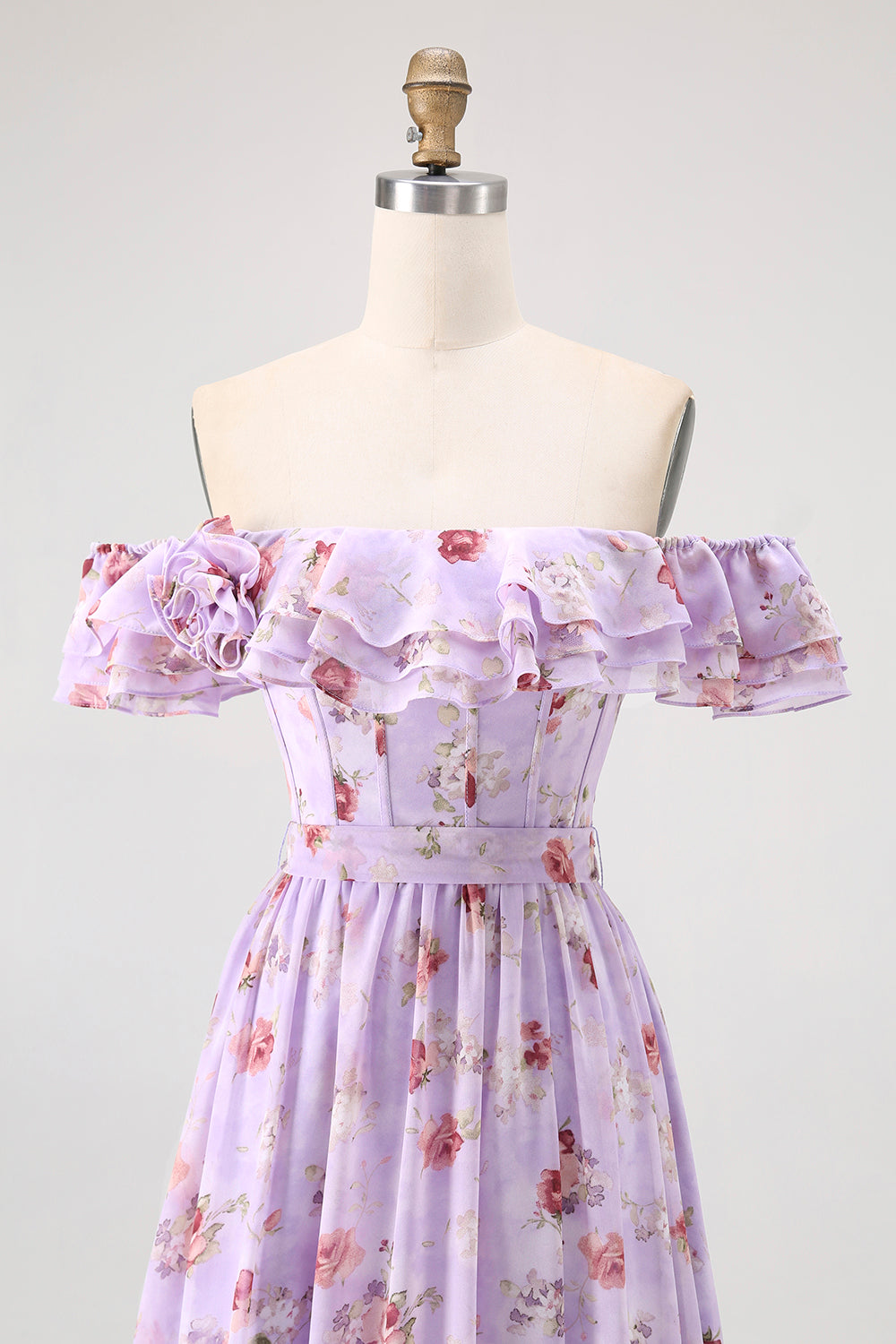 Fleur de champagne hors de l’épaule Corset Robe de demoiselle d’honneur trapèze avec fente