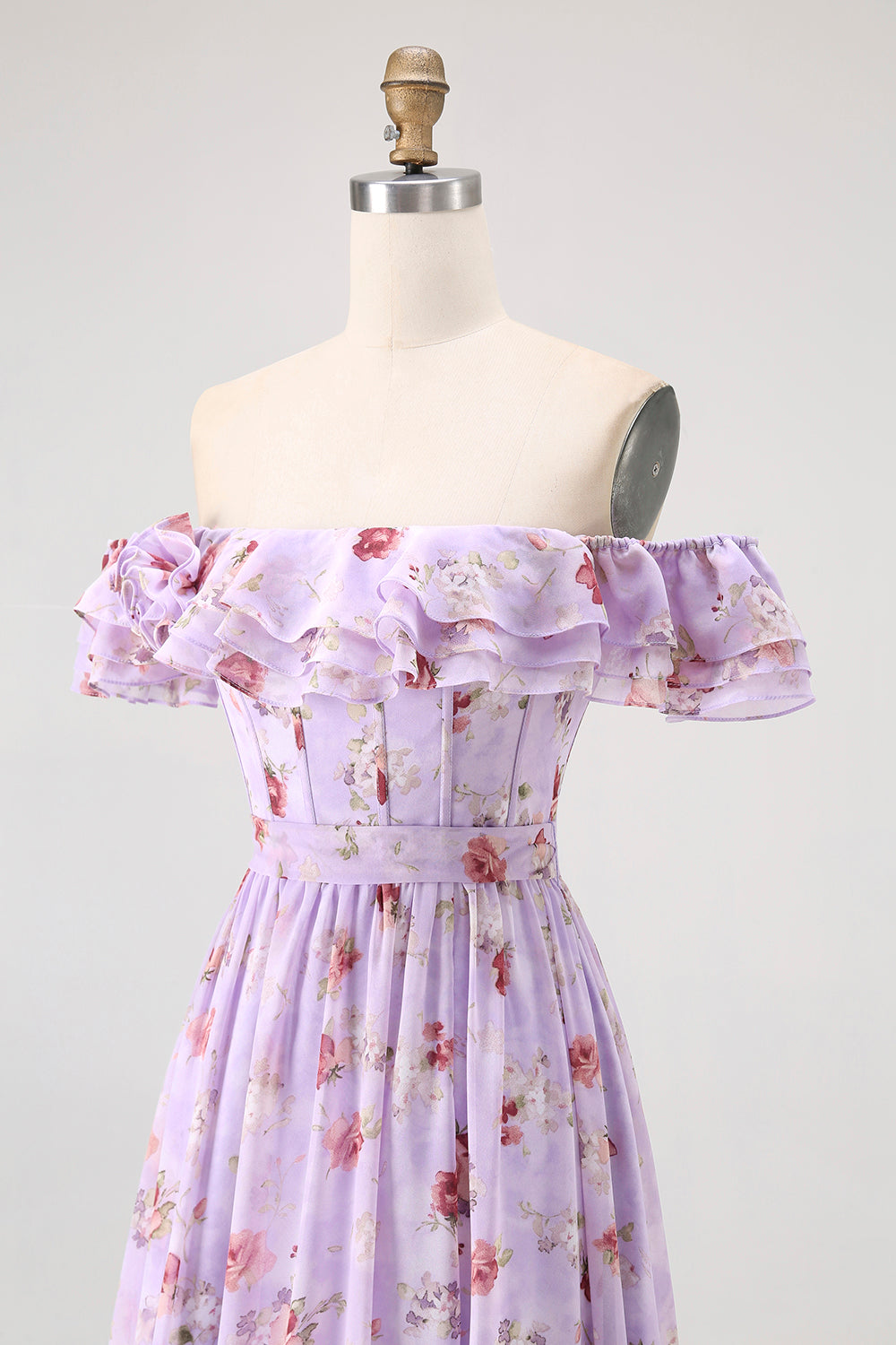 Fleur de champagne hors de l’épaule Corset Robe de demoiselle d’honneur trapèze avec fente
