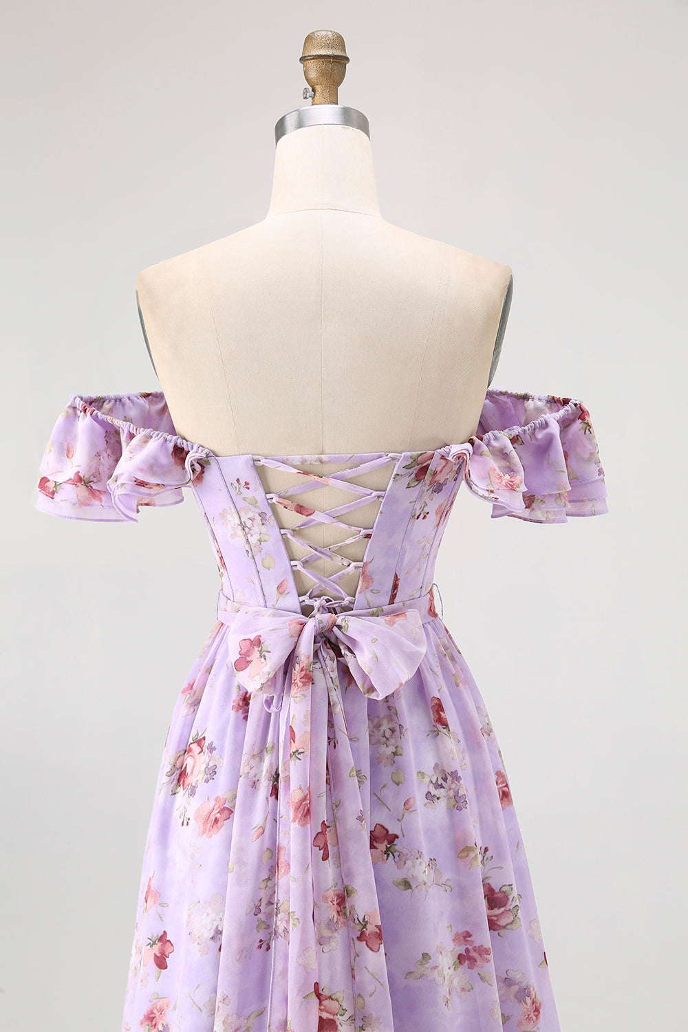 Fleur de champagne hors de l’épaule Corset Robe de demoiselle d’honneur trapèze avec fente