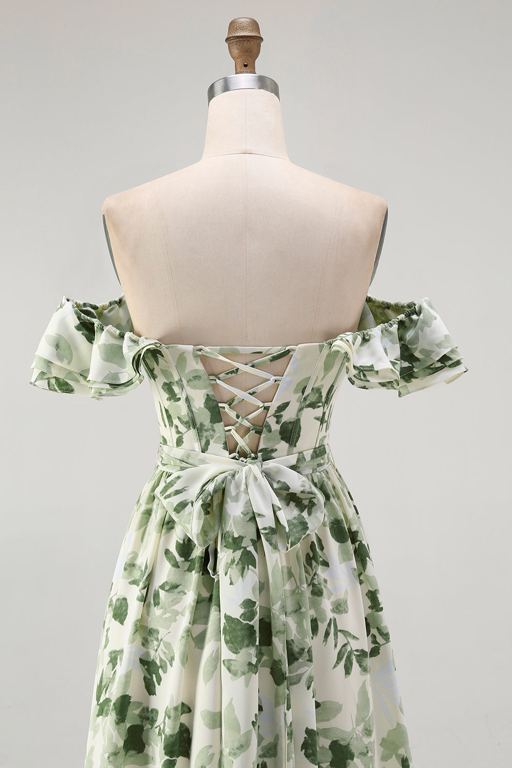 Vert Floral Une ligne dénudée Épaule Robe de demoiselle d’honneur à volants