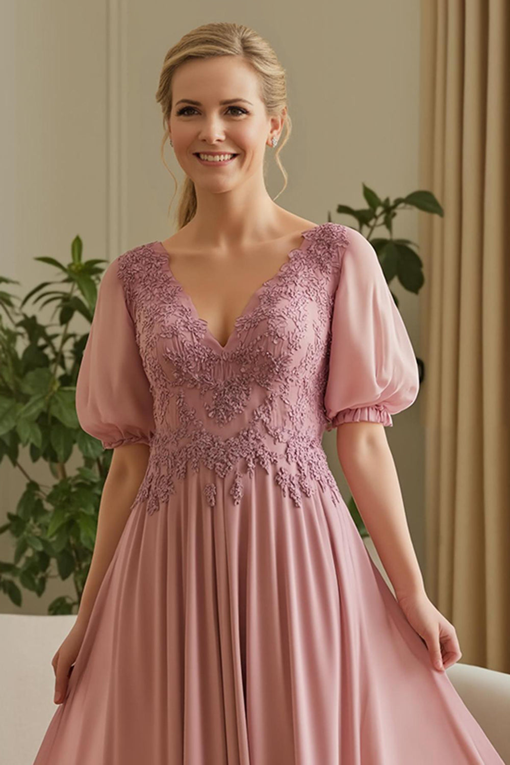 Dusty Rose Mousseline Appliquée Une Ligne Mère De La Mariée Robe Avec Manches Bouffantes