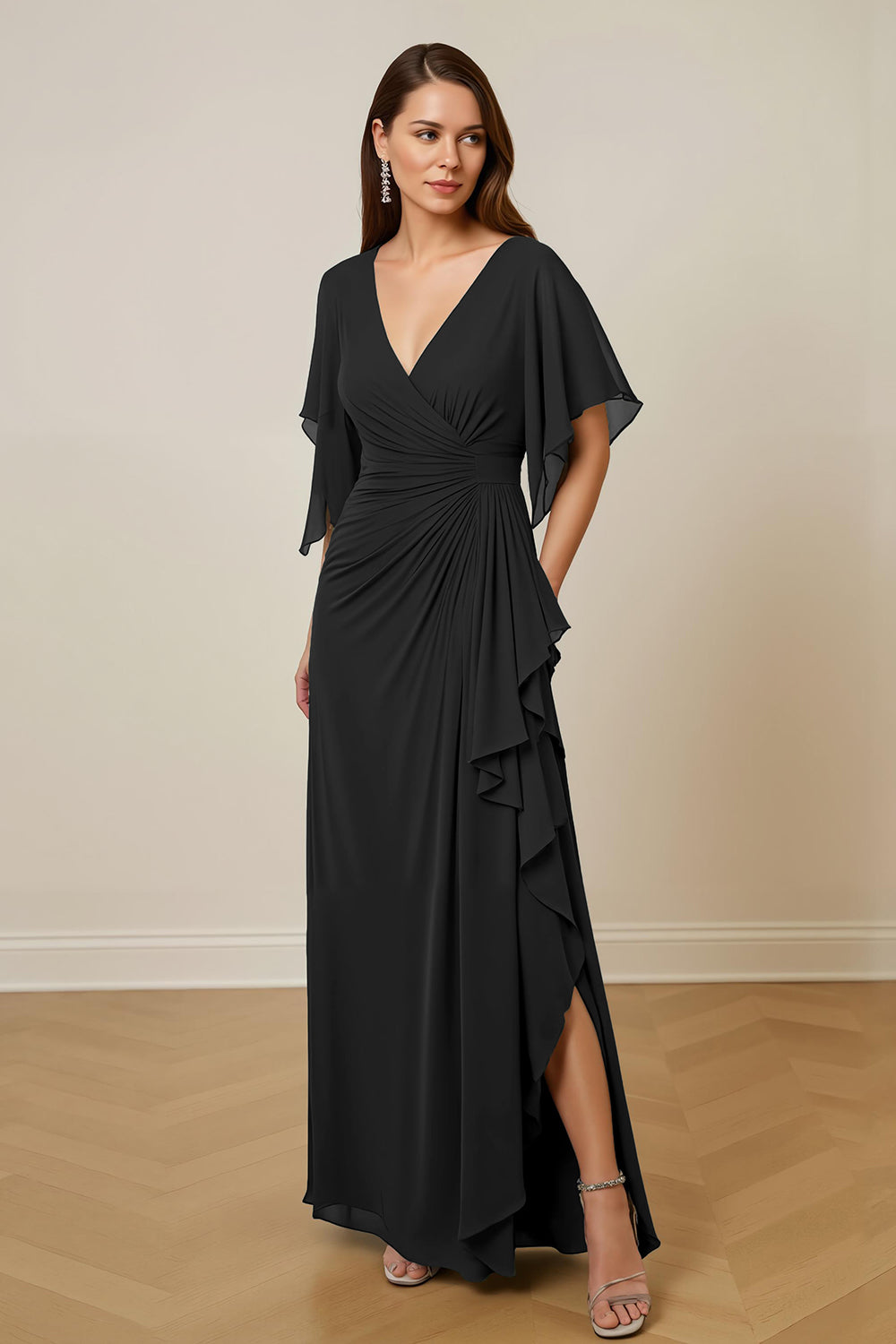 Robe de mère de la mariée froncée vert foncé avec manches flottantes