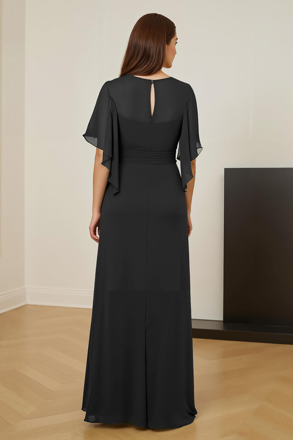 Robe de mère de la mariée froncée vert foncé avec manches flottantes