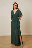 Robe de mère de la mariée froncée vert foncé avec manches flottantes