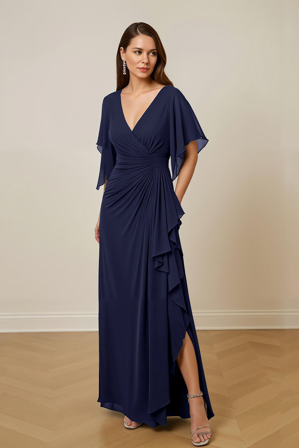 Robe de mère de la mariée froncée vert foncé avec manches flottantes
